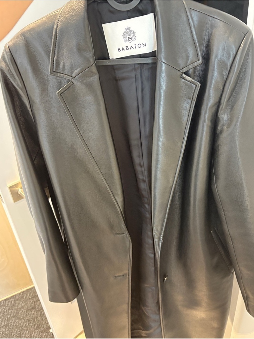 Babaton Black Leather Long Blazer Coat